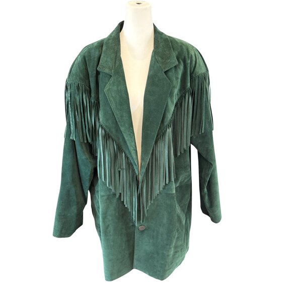 Vintage P.E. Canada Green Suede Fringe Jacket Size L Made in Canada - Picture 1 of 10